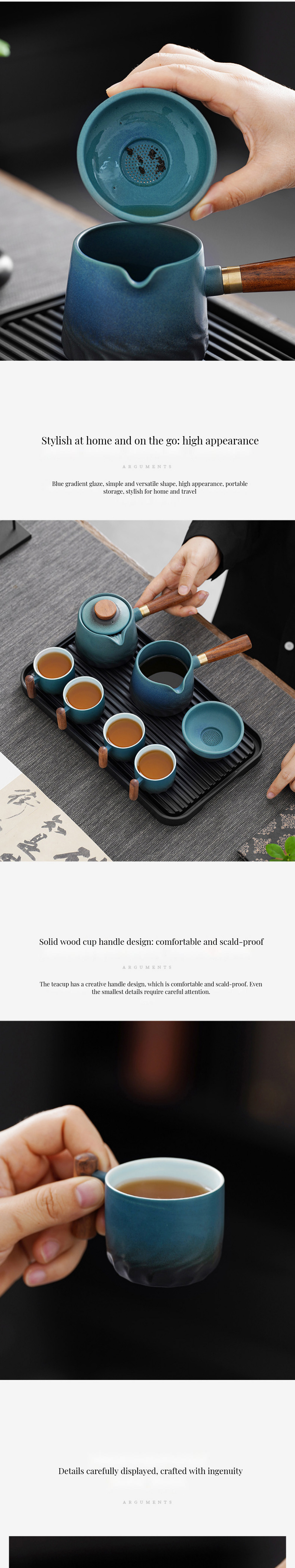 Modern Kung Fu Tea Set Porcelain Ceramic with Wooden Handle and Removable Side Handle