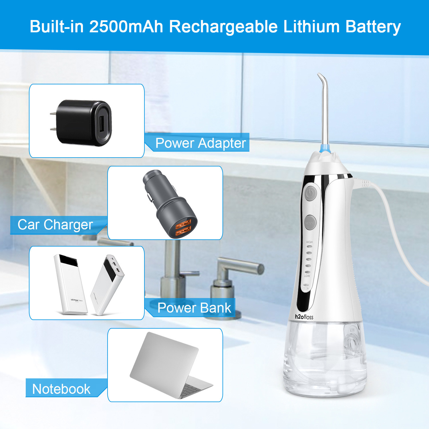 ABS Water Jet Flosser , IPX7 Waterproof oral floss water jet 2500mah