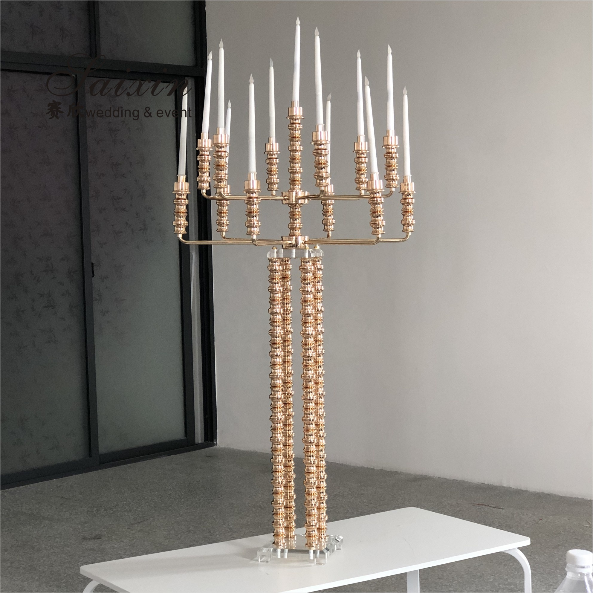 Gold Pillar Wedding Candle Holders Tall 4pcs Set Champagne 40cm