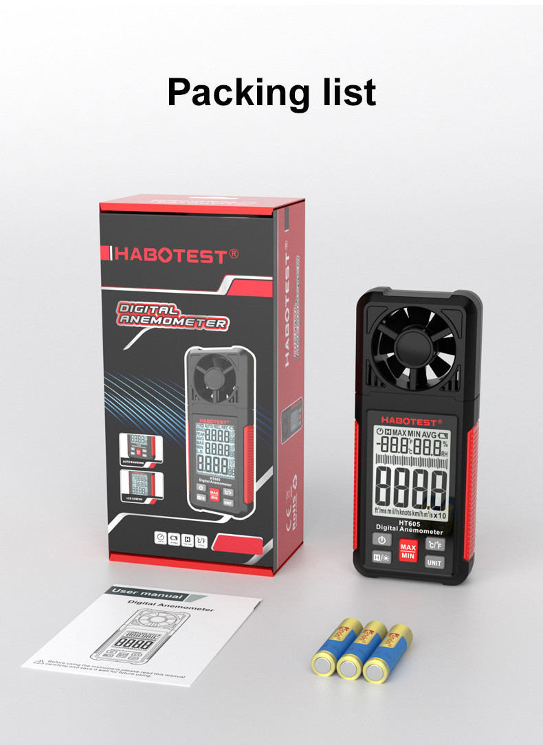 Data Hold Function HT605 Portable Digital Anemometer with Air Velocity Range 0.7-30m/s and Temperature Humidity Meter