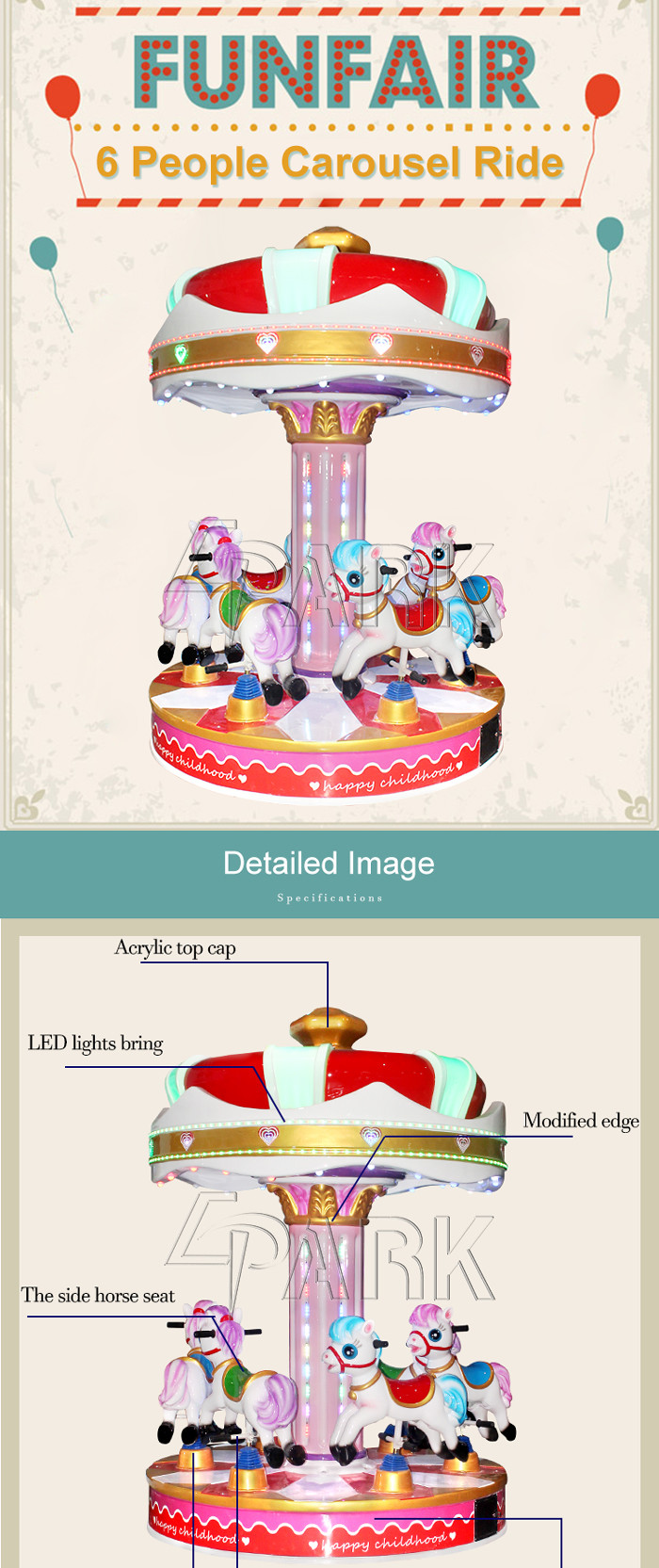 Guangzhou amusement park merry go round rides EPARK coin operated carousel for sale fiberglass 6 seats theme park rides
