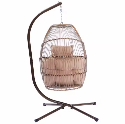 Outdoor Foldable Rattan Hanging Round Swing Egg Chair with Stand and 200KGS Capacity