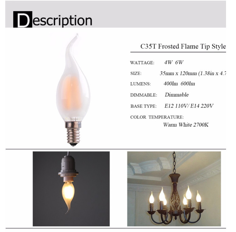 C35 frosted 4W 2700K led filament bulb lights 230V 120V E12 E14 led light bulb