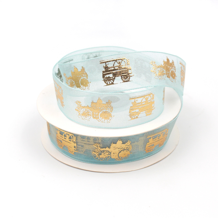 Gold Printed Organza Ribbon , Double Face Type Organza Wedding Ribbon
