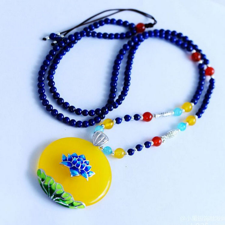 Lapis Lazuli Gemstone Strand Necklace with Enamel 925 Silver Yellow Chalcedony Charm (XH057270W)