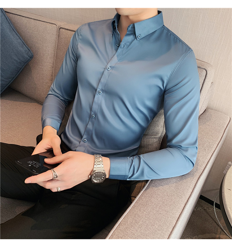 Men's Fashionable Business Casual Shirt Plain Solid Long Sleeve Slim Fit Office Shirts