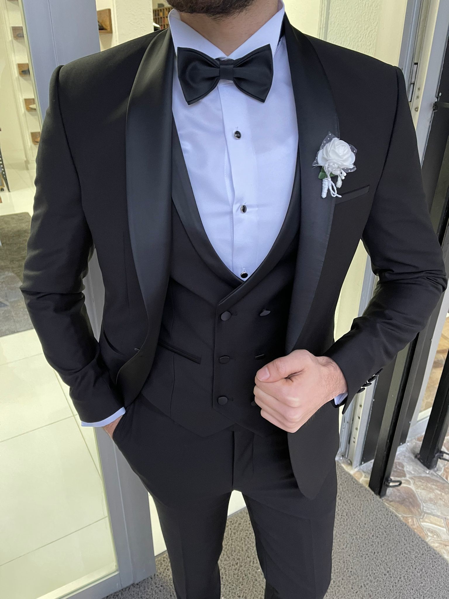 Men'S 3pc Tuxedo Suit Hanover Black Slim Fit Shawl Lapel Tuxedo