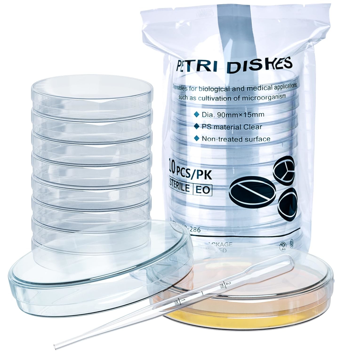 Sterile Petri Dishes With Lids (90 X 15 Mm), 2ml Plastic Pipettes For Lab Analysis, School Projects, Blood Samples