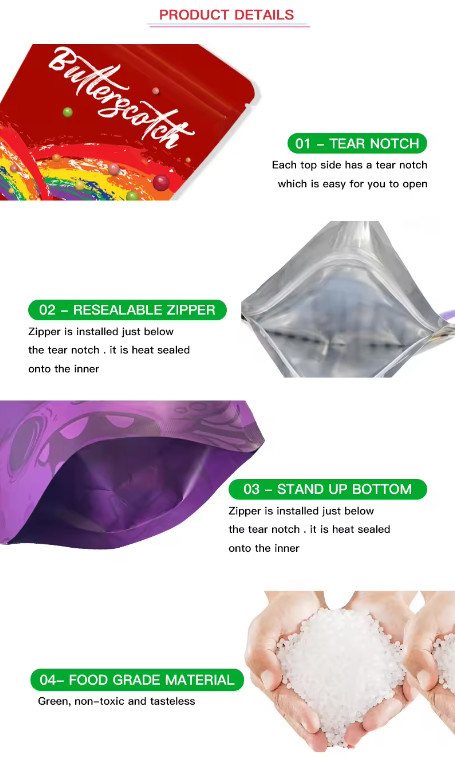 Custom 1g 3.5 G 7g Printed Laminated Plastic Edible Pouch Smell Proof Bag Packaging Zipper Stand Up Eatable Mylar Bags