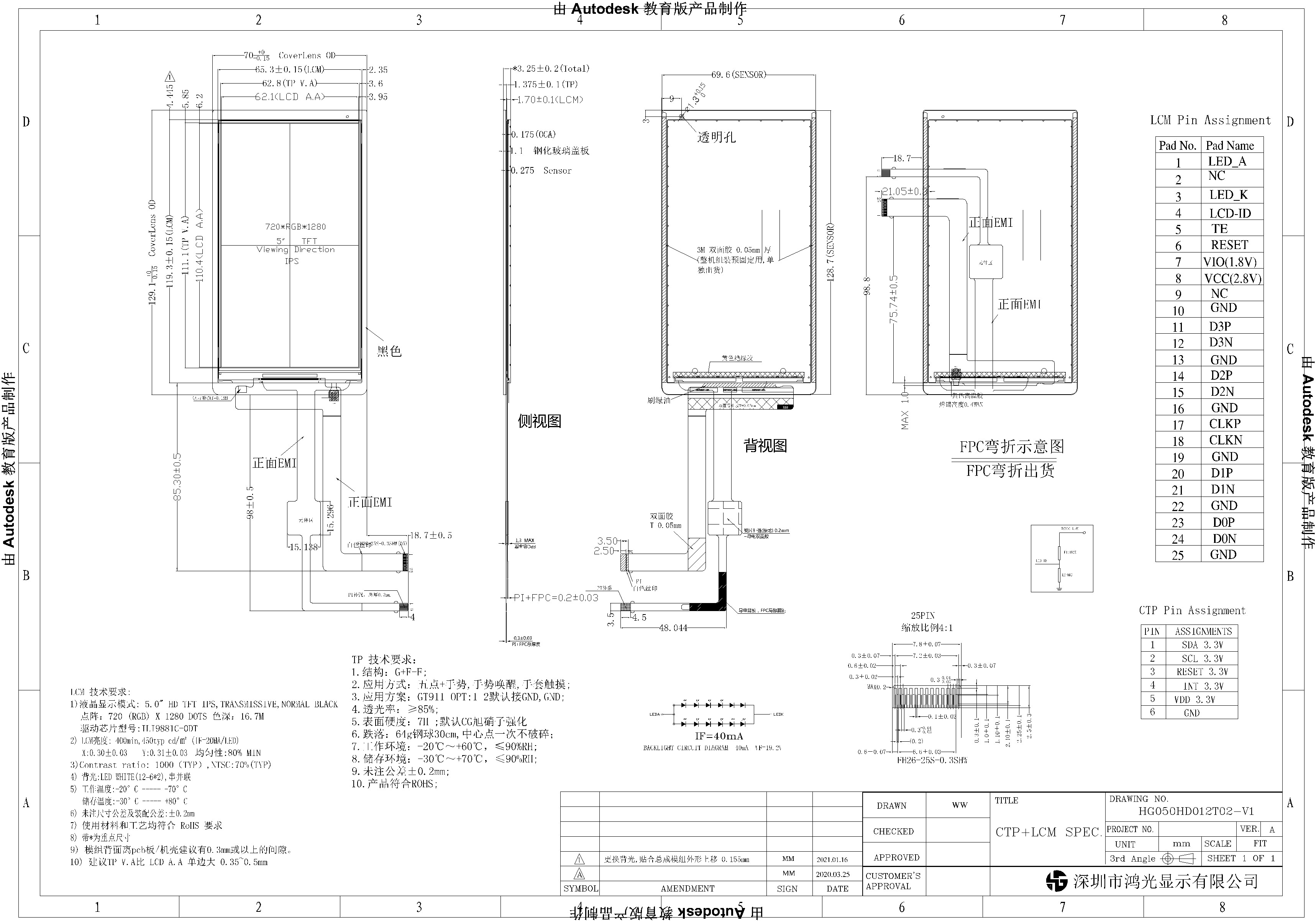 5 Inch MIPI Interface 25PIN Industrial TFT LCD Resolution 720x1280 400cd/m2