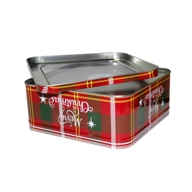 Merry Christmas Holiday Tins Square Tin Box With Clear Window Decorative Tin Containers