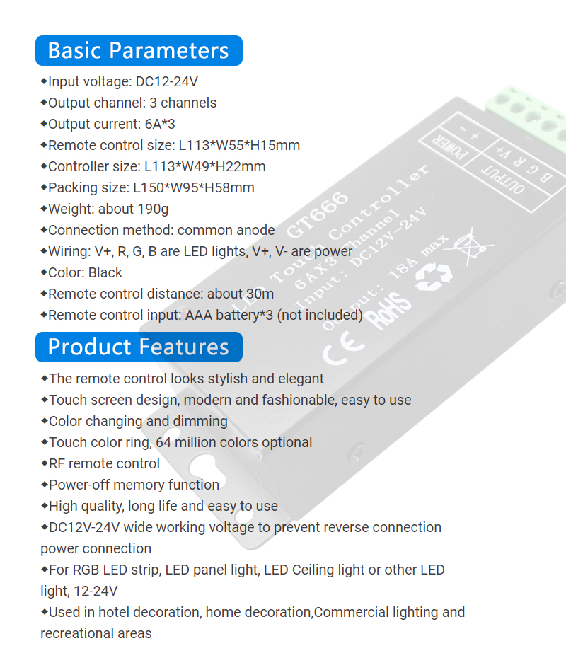 Gt666 Touch LED RGB Controller RF Wireless For LED Strip Light