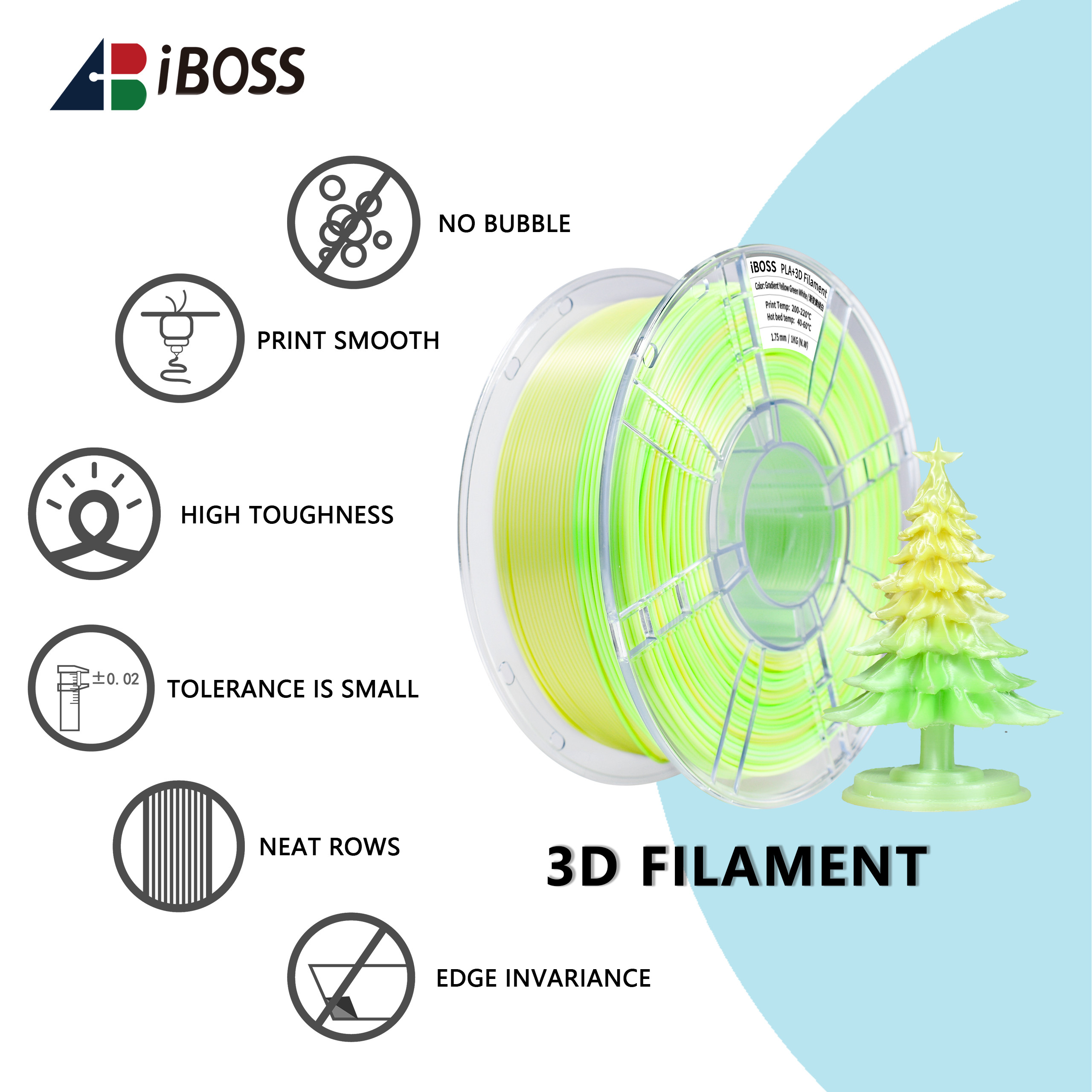 iBOSS High Rigidity PLA+ Filament 1.75mm Gradient Yellow Green White 3D Printing Filament