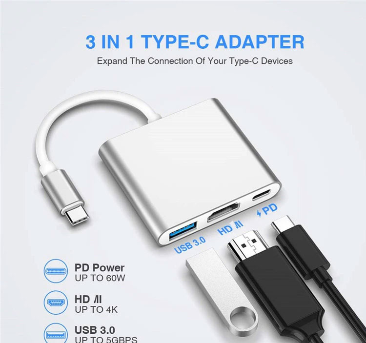 3 in 1 PD Charging 4K 1080P USB Type C OTG Docking Station Hub Adapter