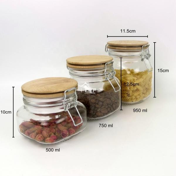 4.52" Transparent Glass Containers With Wood Lids Food Storage 950ml Anti Spill