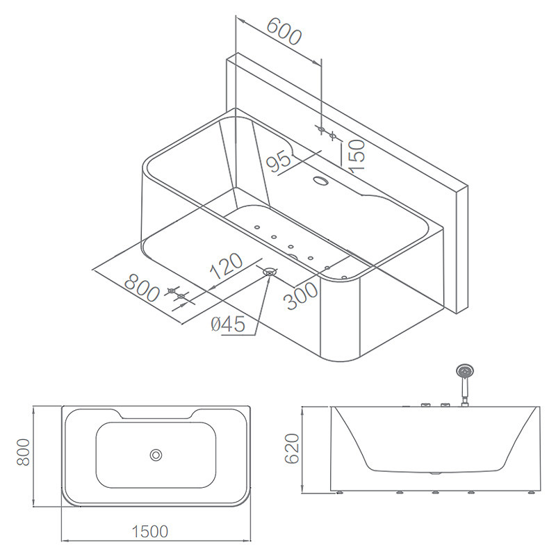 Hotel Bathroom Free Standing Bathtub Massage L1500×W800×H620mm