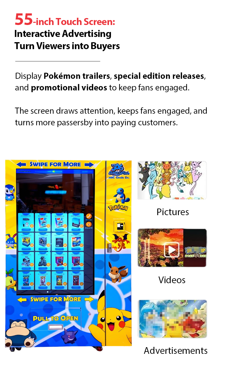 Pokemon TCG Vending Machine with 55 Inch Touch Screen, Cashless Payment, and Large Capacity