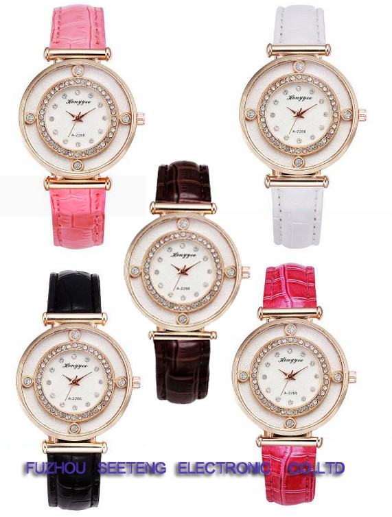 Fashion design wrist watch with colorful pu leather strap and diamond inset dial for ladies