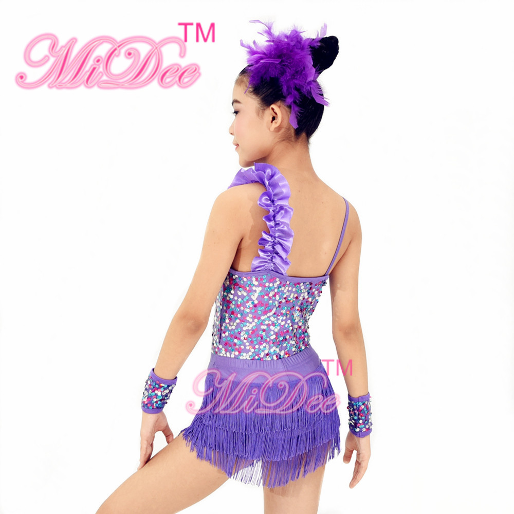 2 In 1 Latin Dance Costumes Confetti Purple Sequin Leotard Diagonal Ruffled Neck With Fringe Skirt Dress
