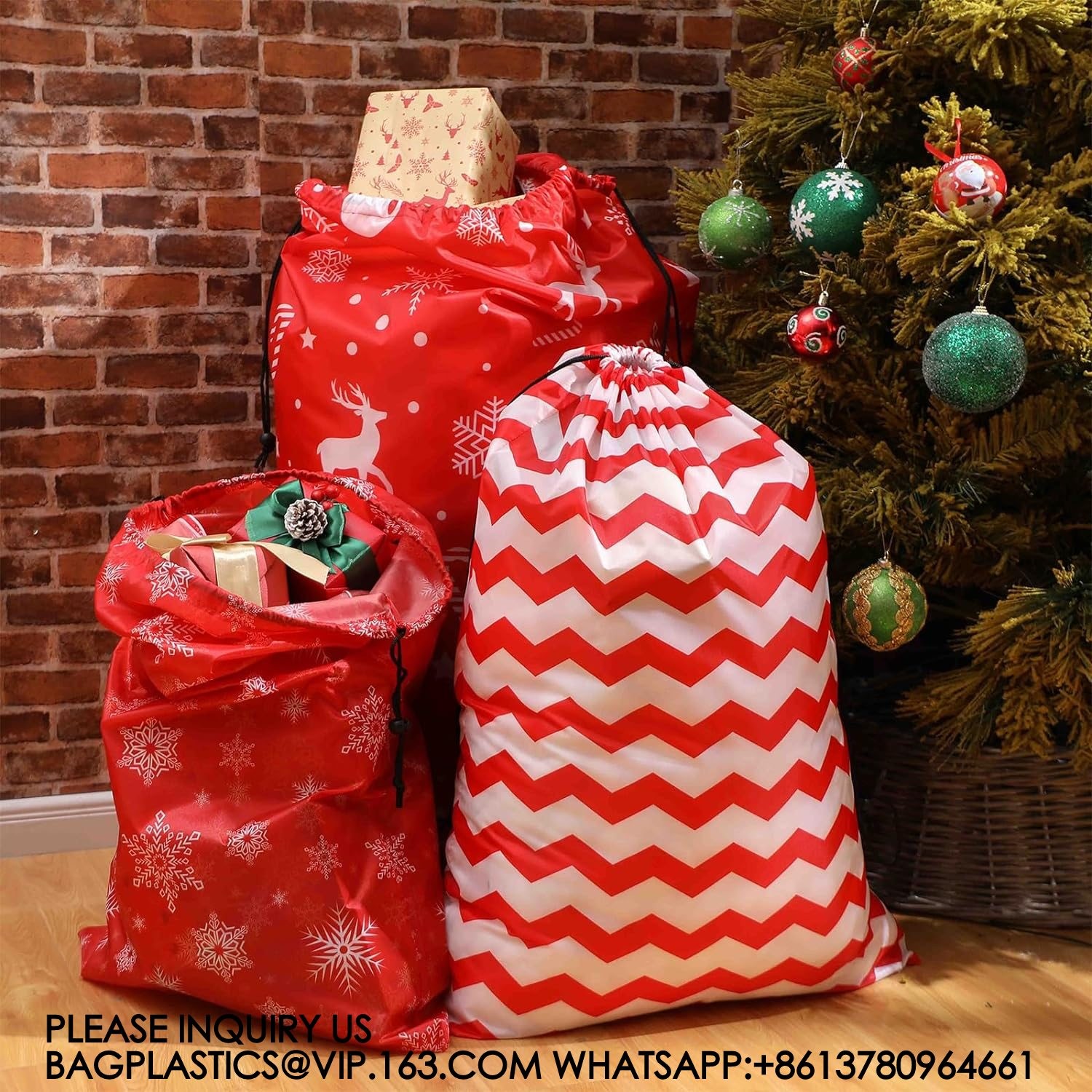 Drawstring Christmas Gift Bags Reusable Xmas Wrapping Bags Giant Christmas Sacks For Xmas Party Favors