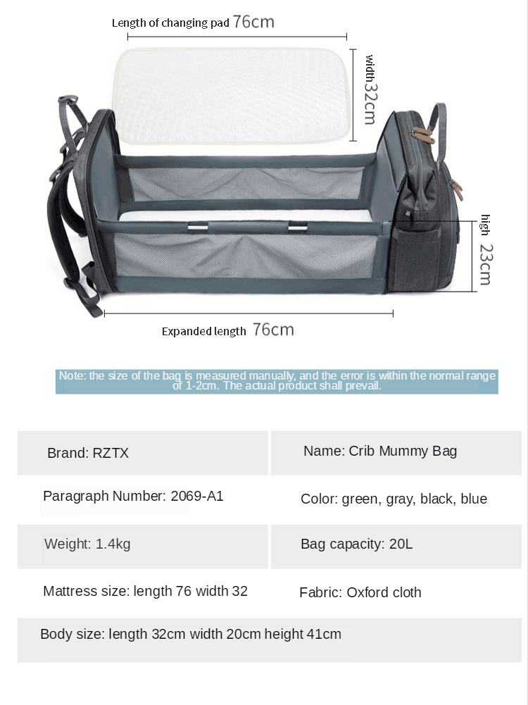 20L Nylon 600D Folding Diaper Bag Multifunctional Nappy Bag 1.4kg