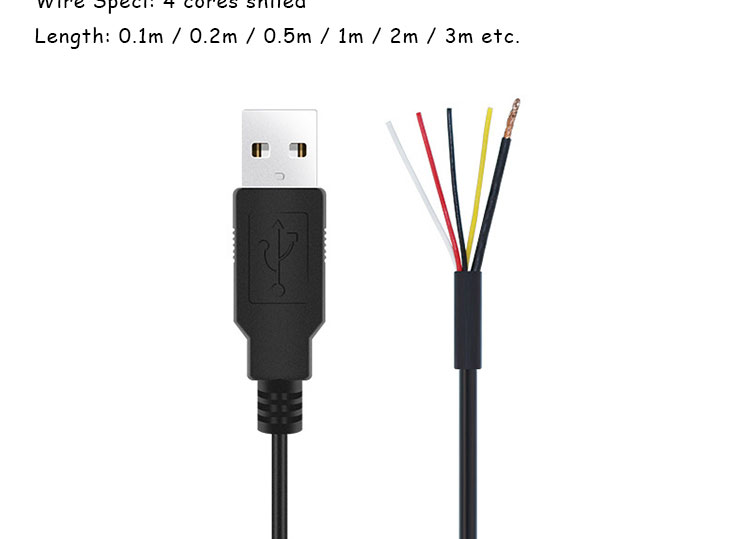 Shield USB A Male to 4 Bare Wires Open End Pigtail Cable