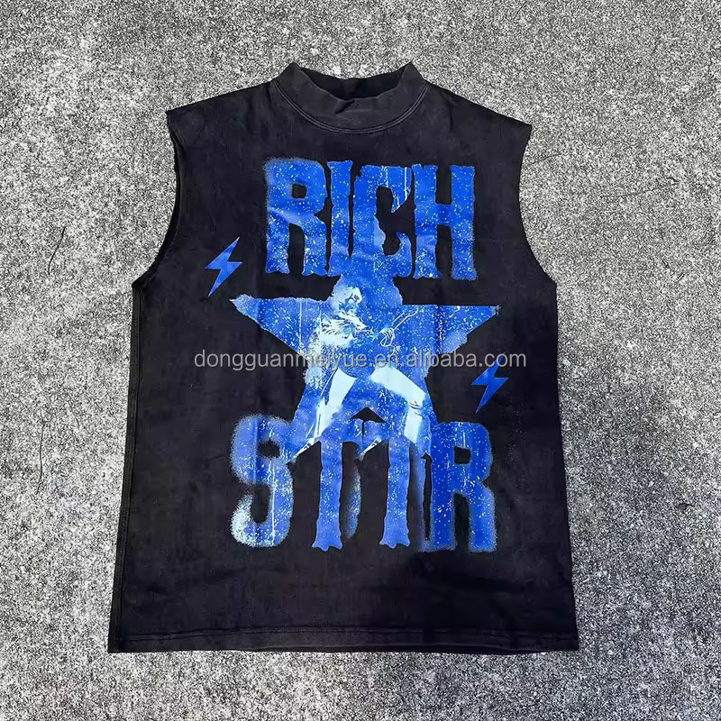 Custom Print Logo Applique Rips T Shirt Mens Streetwear Sleeveless T Shirts Gym Wear