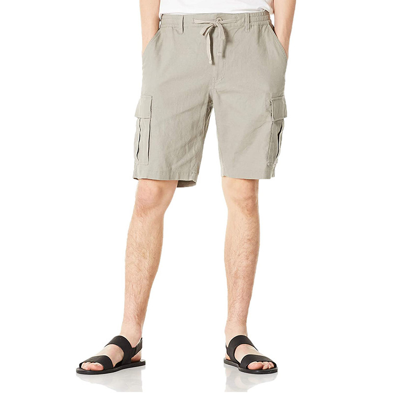 Men'S Cotton Linen Blend Cargo Shorts 9.5 Inch Inseam Shorts Drawstring Button Closure