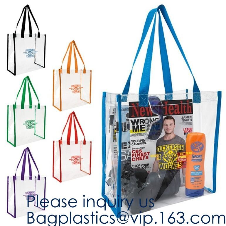 Waterproof All Over Printing PVC Coating Tote Shoulder Fabric Shopping Bag With Gusset And Lining,Jelly Clear Plastic PV