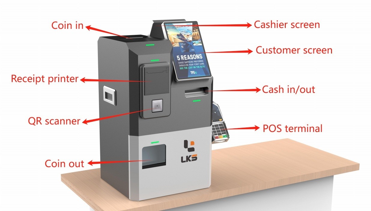 Automatic Cash Coin Credit Card POS Terminal Payment Handling Self Check Out Machine
