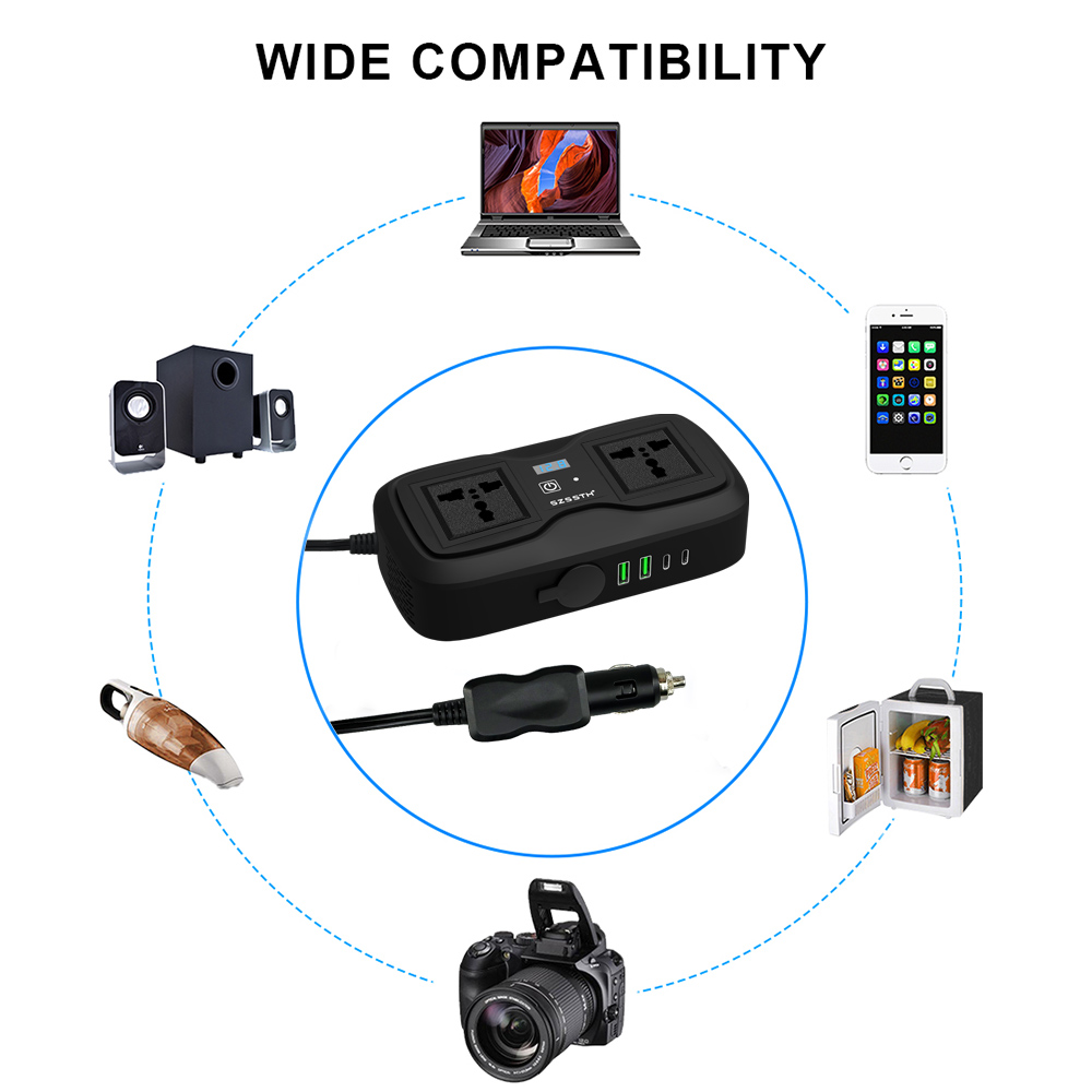 200 Watt Charger Universal Socket 2 AC 2 USB Ports DC 12V to 110V 220V Converter 200W GaN PD Fast Car Power Inverter