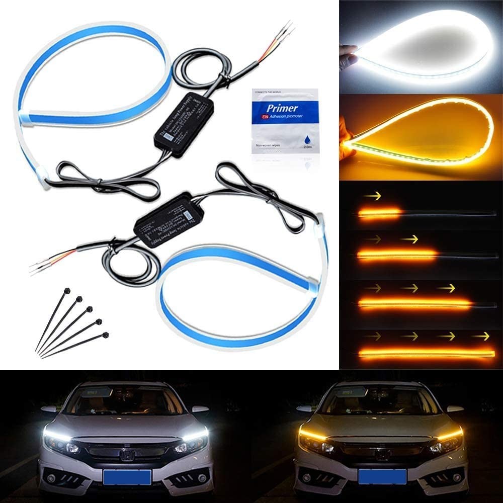 45CM 17.7" White Amber Flexible LED Day Time Running Light Flowing Bar Silicone DRL