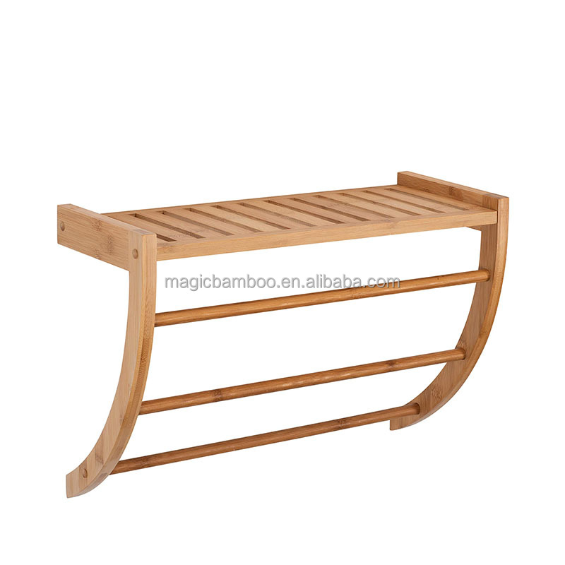 Wall Mount Bamboo Towel Rack and 3-Tier Shelf for Bathroom or Entrance Organization