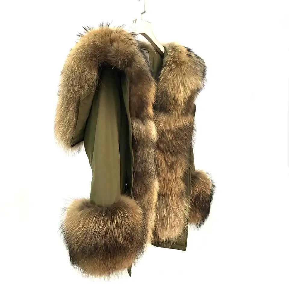 High Quality Thick Warm Raccoon Fur Parka Jackets Fashion Winter Down Padded Real Fur Lining Puffer Coat for Womens