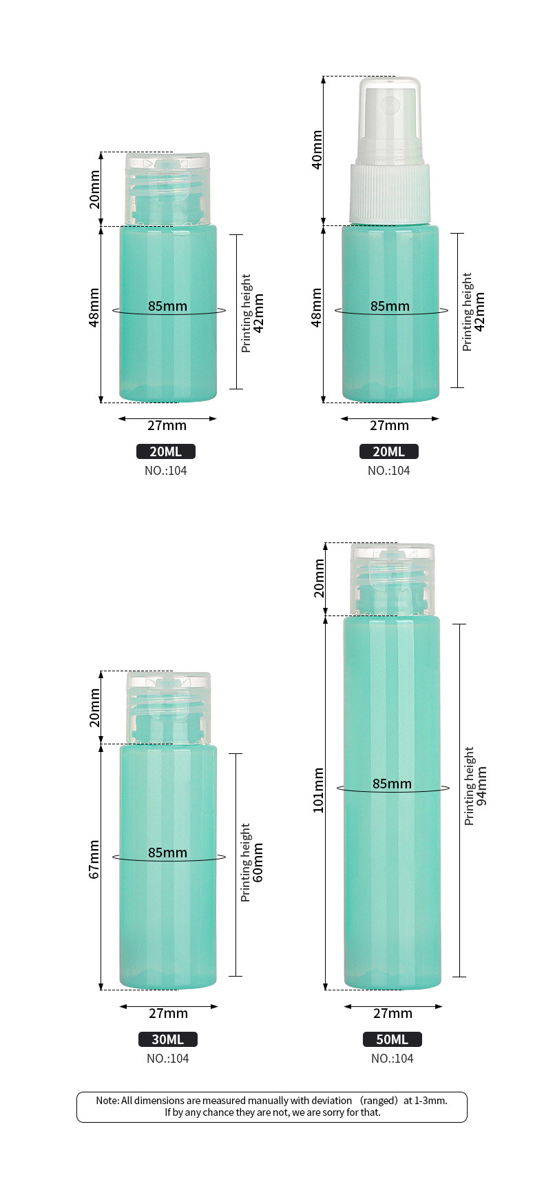Food Grade Cosmetic Spray Bottle Green Color 50ml Plastic With Flip Cap