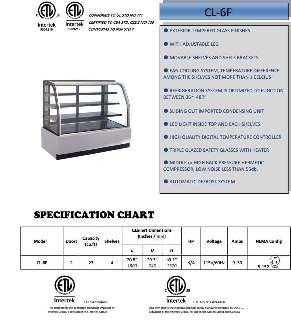 Triple Glazed Refrigerated Pie Pastry Chiller Display Case 23 CU.FT