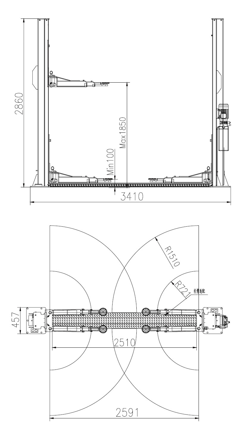 Two Post Hydraulic Lift 4T Capacity 2.2kw For Workshop