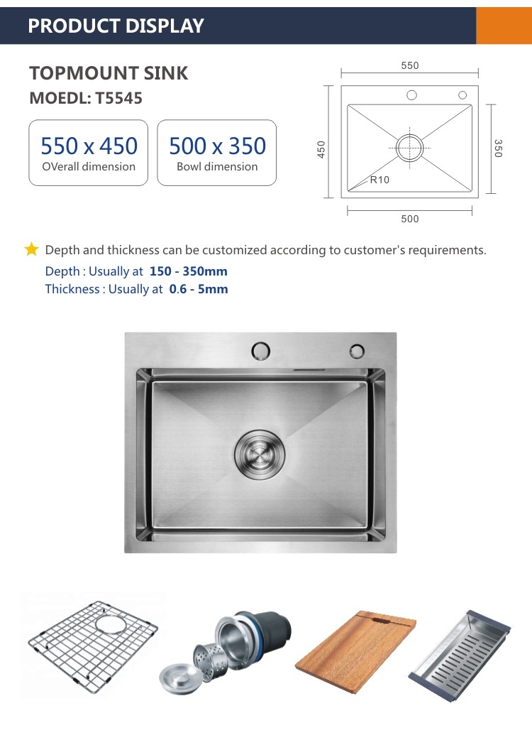 Farmhouse Topmount Stainless Steel Kitchen Sink Rectangular 16 Gauge 55x45