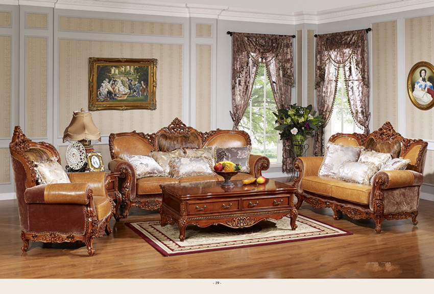 Luxury classic antique European style living room furniture solid wood leather sofa set