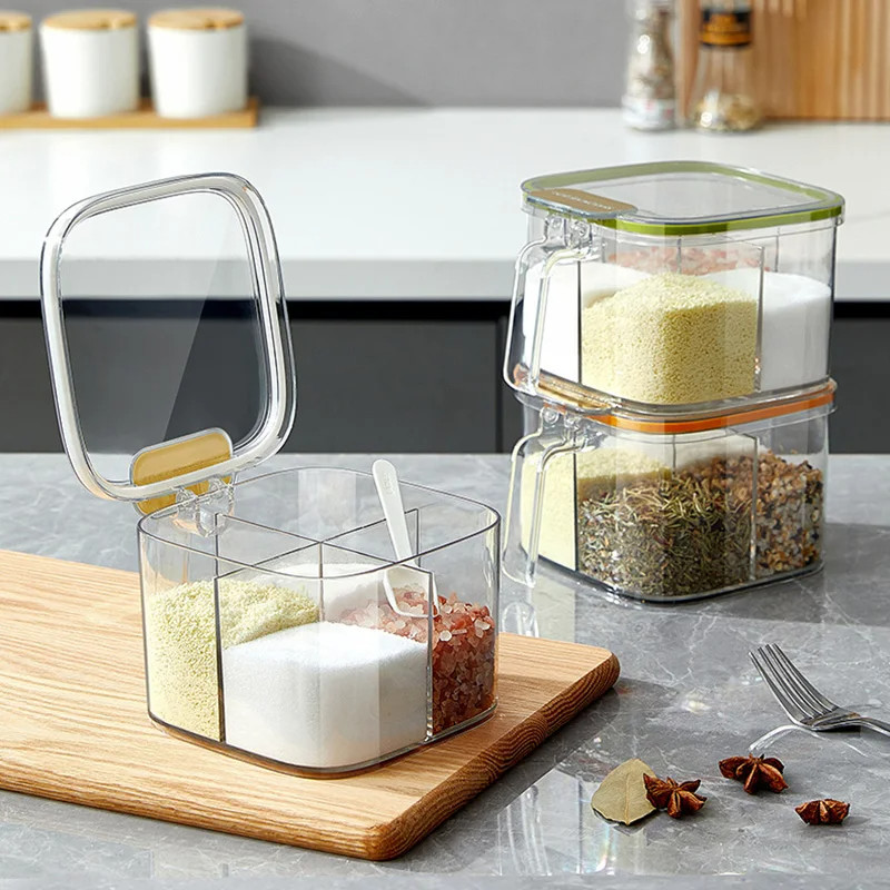 1 Set Seasoning Box 4 Compartment Spice Condiments Container With Spoon Multifunctional Storage Box