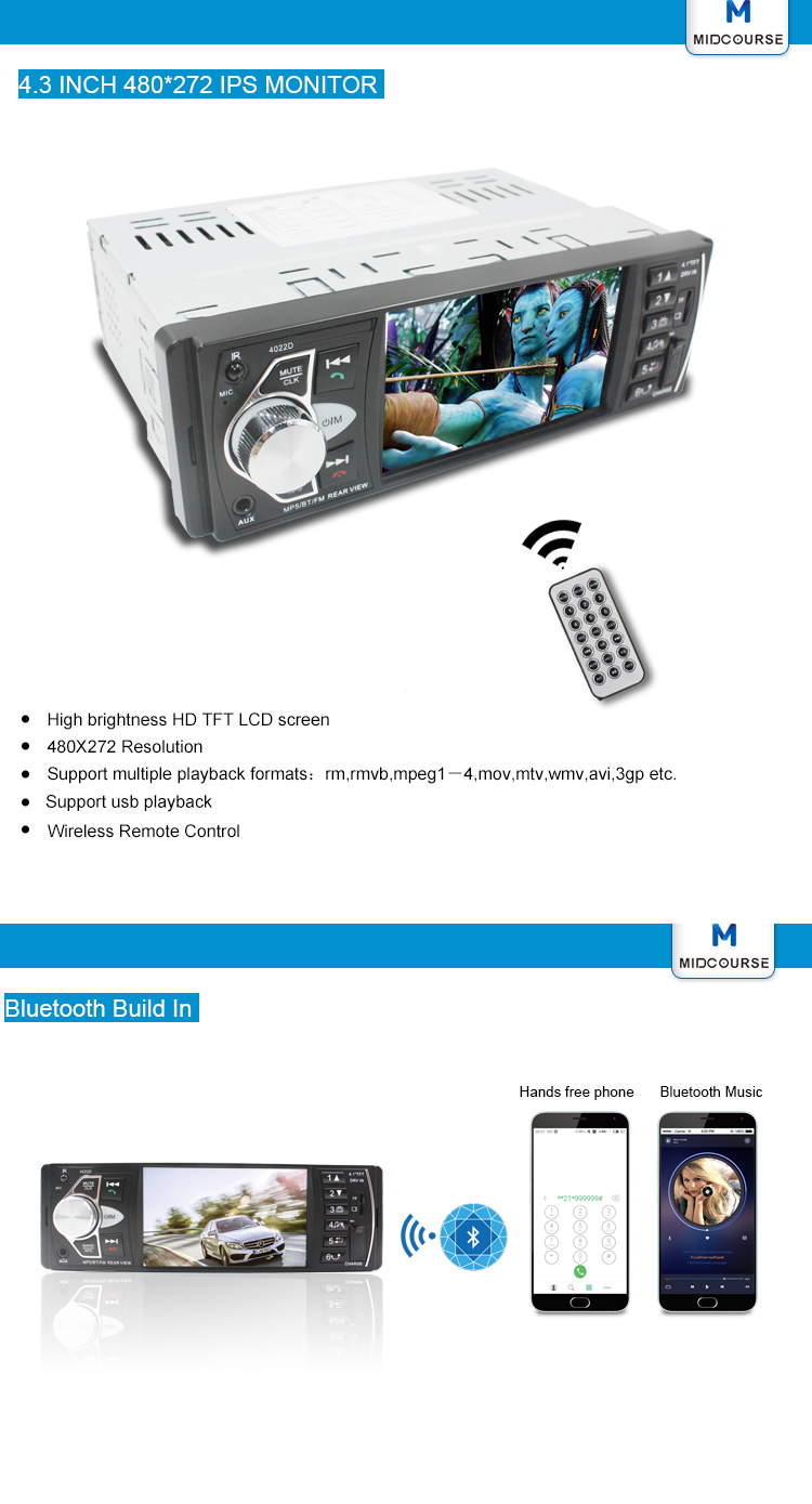 1GB 1 Din Touch Screen Car Stereo With Car FM USB SD BT RDS Radio