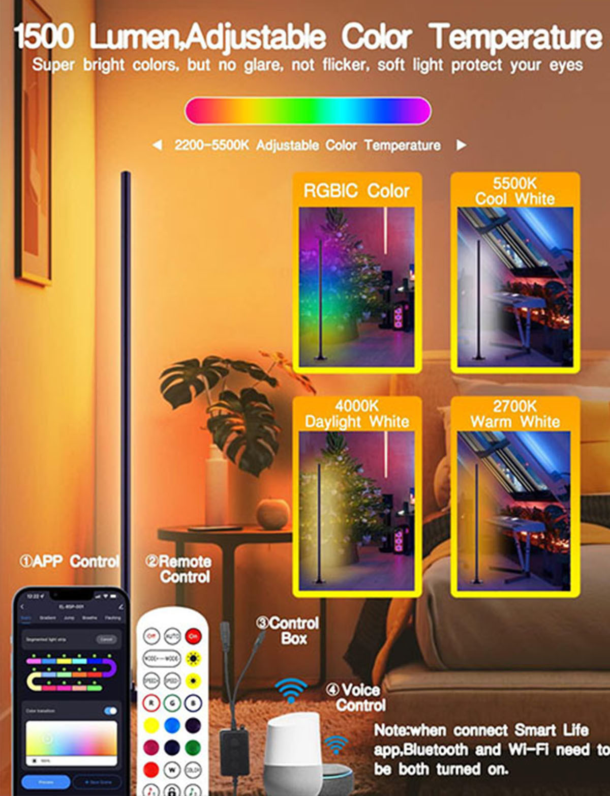 Remote Control LED RGB Corner Floor Lamp Color Changing AC85V-265V