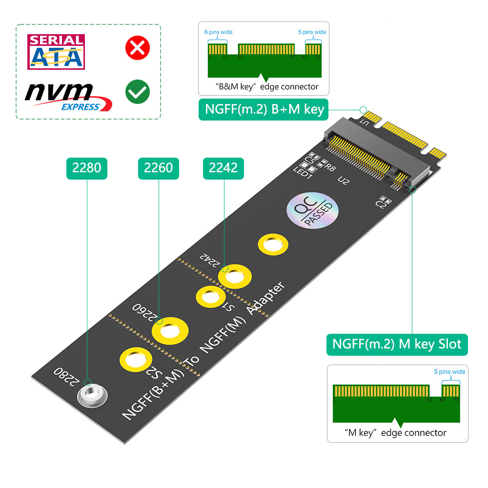 M.2 (NGFF) Key B+M to Key M Adapter for PCI-E Bus SSD Suitable for Nvme SSDs with 2242, 2260, and 2280 sizes