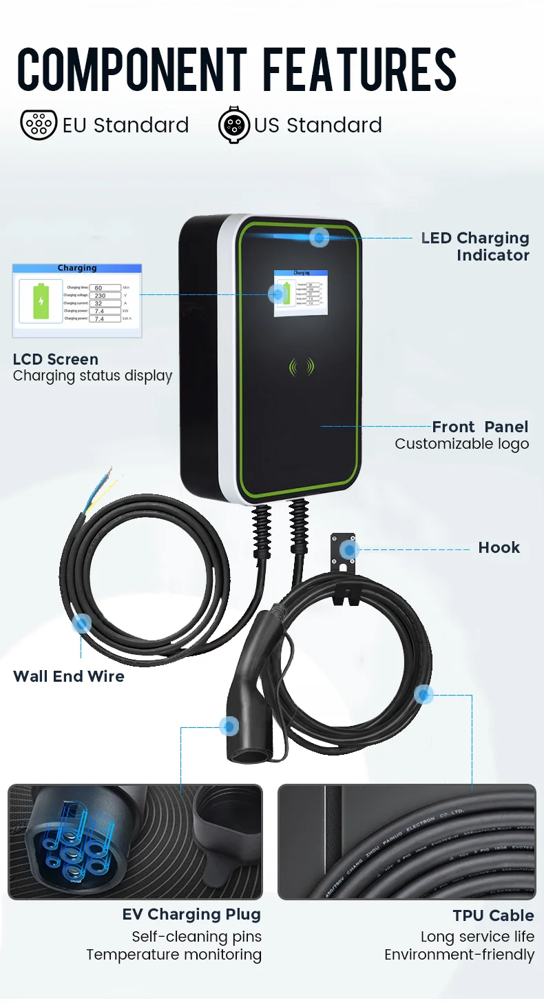 OCPP 1.6J 32A 3 Phase Wallbox EV Charging Pile 7kw - 22kw 380V Wallbox Electric Car Charger