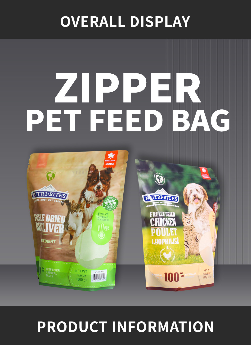 Ziplockk Aluminum Foil Resealable Bottom Pet Dog Food Packaging Bag 1kg 2kg 5kg 15kg