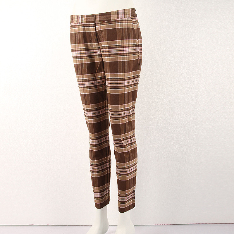 Stockpapa Black And Coffee Half Elastic Waist Plaid Skinny Pants womens