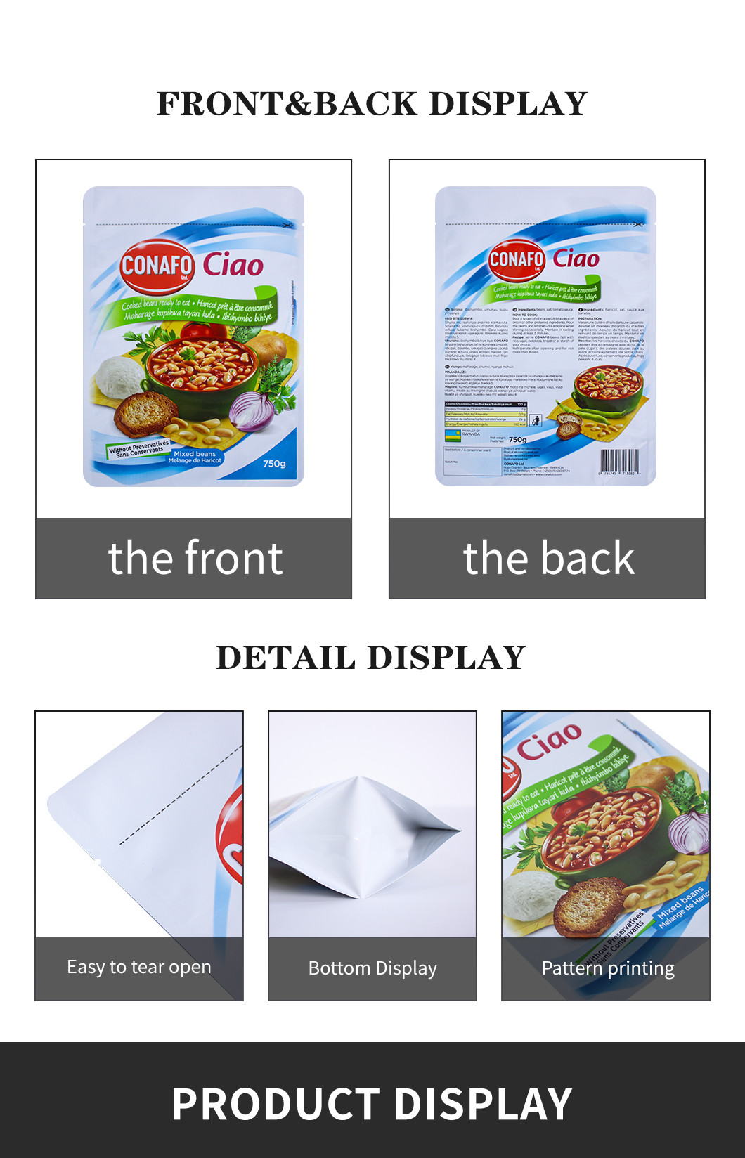 High Temperature Microwavable Food Retort Standing Pouch Vacuum Aluminum