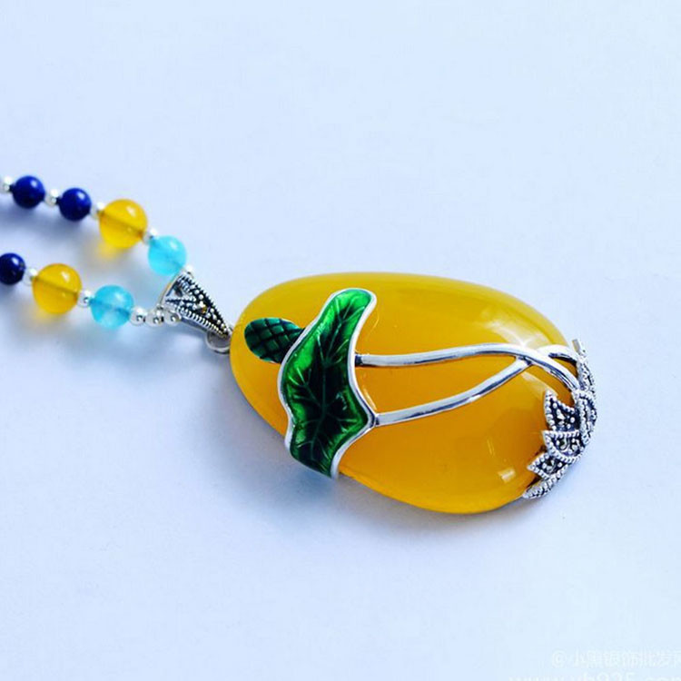 Natural Lapis Lazuli Strand Necklace with Silver Enamel Yellow Chalcedony Pendant(XH057271W)