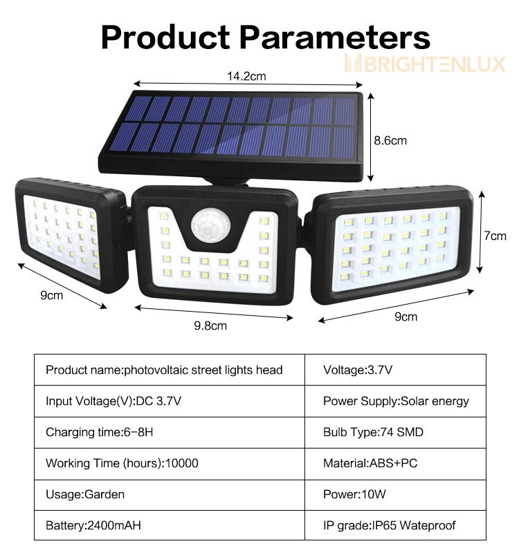 IP65 ABS Outdoor Solar Garden Light 74 LM LED Three Mod Wall 5000K