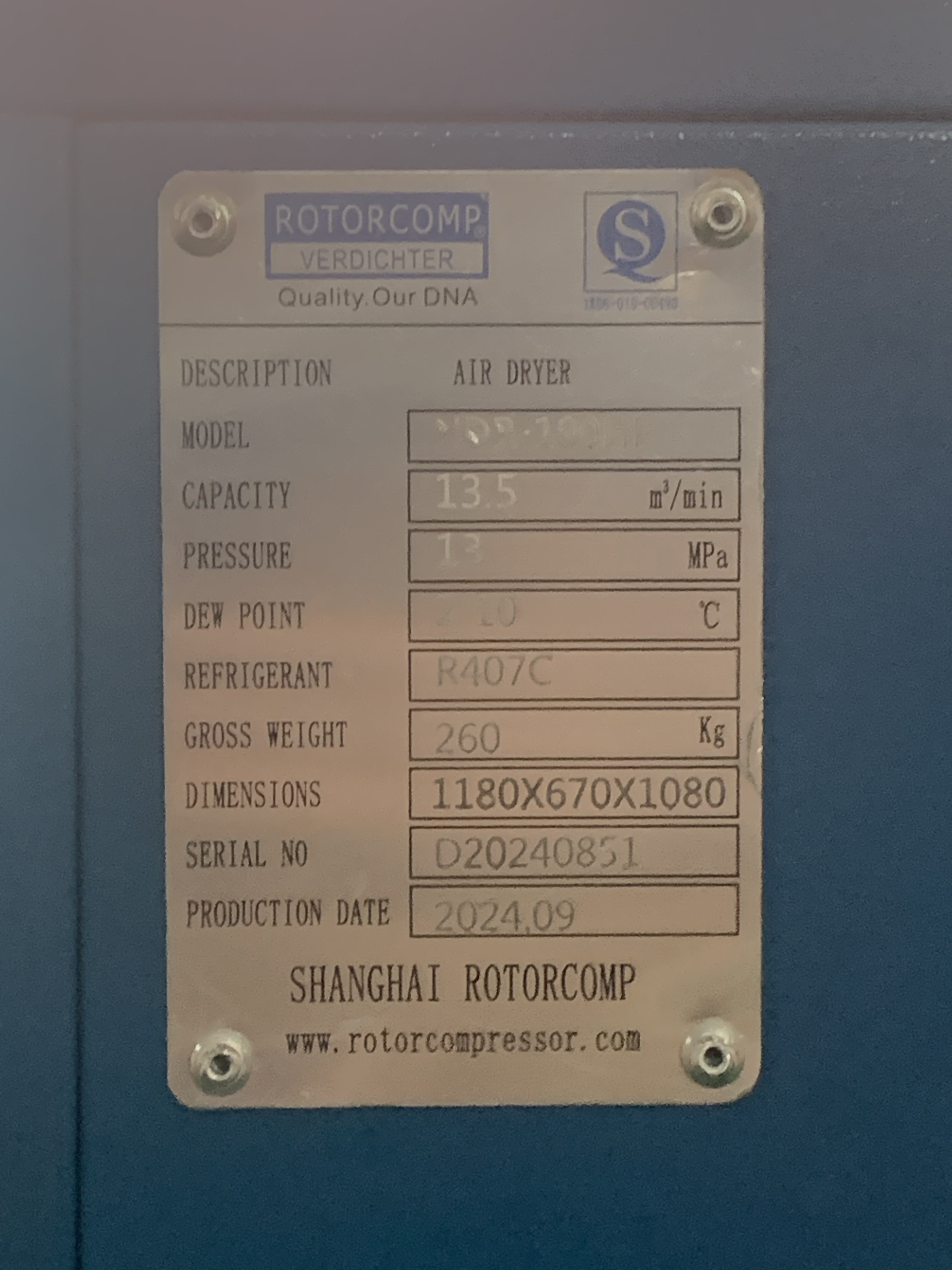 Fully Automatic HDR-100HP High-temperature Air-cooling Refrigerated Air Dryer 13.5 Nm3/min